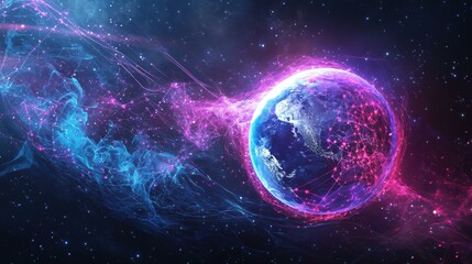 Planet Earth with Glowing Global Network in Space at Night