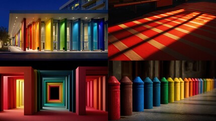 Fototapeta premium A vibrant collage showcasing a colorful building at night, striped shadows, a rainbow tunnel, and a row of colorful crayons, all emphasizing bright hues and geometric shapes