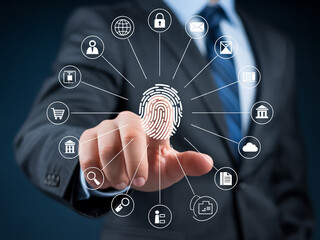 Professional hand touches central fingerprint on dark virtual network with white tech icons linked in radial pattern.