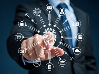 Professional hand touches central fingerprint on dark virtual network with white tech icons linked in radial pattern.