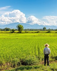 Fototapeta premium Man wearing a straw hat standing in a lush green rice field with mountains and blue sky in the background on a sunny day