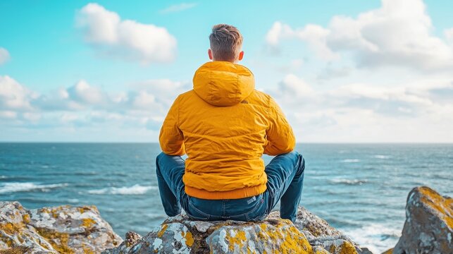 Man in bright yellow jacket sitting on rocky cliff overlooking calm ocean under cloudy blue sky