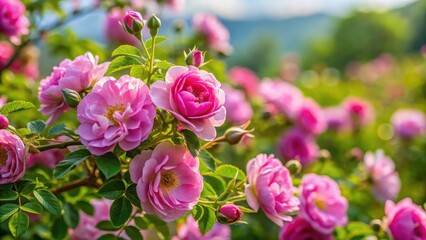 Close-up view of Rosa damascena shrub plant in Bulgaria's Valley of Roses