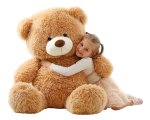 Little girl hugging large brown teddy bear smiling sitting on floor isolated on transparency background joyful childhood soft toy happiness playful cozy adorable