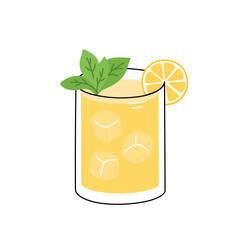 Lemonade decorated lemon slice and mint leaves. Summer beverage with ice cubes. Refreshing drink or сocktail in glass. Flat vector illustration isolated on white background