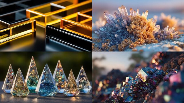 A digital art collage showcasing four distinct scenes  geometric amber and black glass structures, a cluster of vibrant quartz crystals, a collection of resin-casted