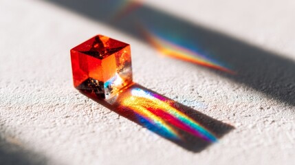 Close-up of glowing prism refracting sunlight into vibrant color bands on minimalist white surface, symbolizing wireless frequency allocation and spectrum analysis.