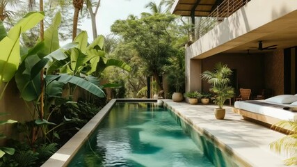A serene poolside view with lush greenery, captured from a low angle. The tropical setting evokes a relaxing vacation vibe, perfect for a lifestyle video. Live desktop wallpaper.