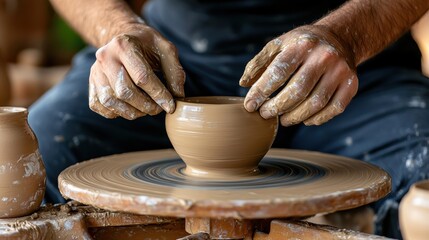 Close-up of hands shaping a clay pot on a spinning pottery wheel with natural light and rustic background