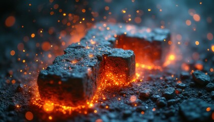 Glowing hot metal object sparking in industrial forge setting