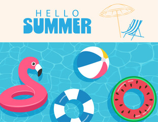 Hello summer, pink inflatable flamingo and watermelon, pineapple float on sea or pool water background, summer travel, vector illustration. © sunshinys