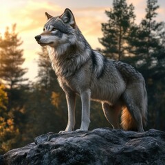 Fototapeta premium Majestic wolf standing on rock in serene forest at sunset