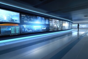 Naklejka premium Futuristic corridor with wall-mounted digital displays showing data visualizations. A lone figure stands at the end, observing the screens