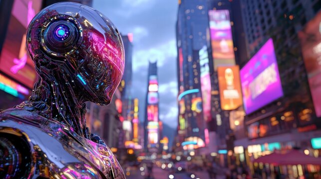 Futuristic robot on city street at night with vibrant billboards