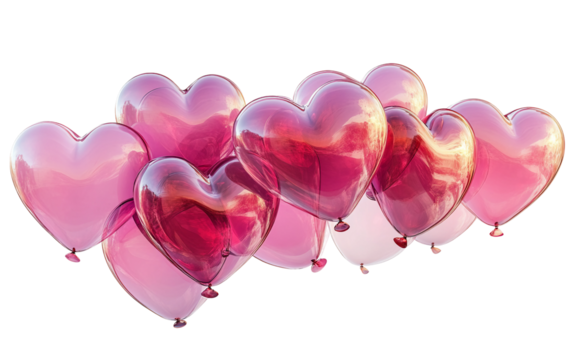 Pink heart balloons floating together in a playful arrangement symbolizing love romance and joyful celebration isolated on transparent background PNG