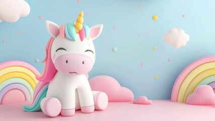 A whimsical 3D unicorn with pastel colors sits amid rainbows and clouds. Captured from a low angle, perfect for a playful children's video backdrop. Live desktop wallpaper. - Powered by Adobe