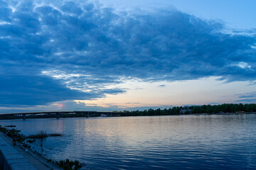 Obraz premium Panoramic night view of left bank of Dnypro river in Kyiv, Ukraine 