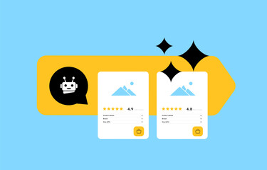 Smart shopping assistants improve online shopping tools and create personalized shopping experience. Smart shopping assistants driven by AI offer speed, relevance and convenience. Vector illustration