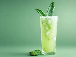 A vibrant green mocktail garnished with fresh aloe vera leaves and a sugar-rimmed glass promising a refreshing and invigorating taste experience.