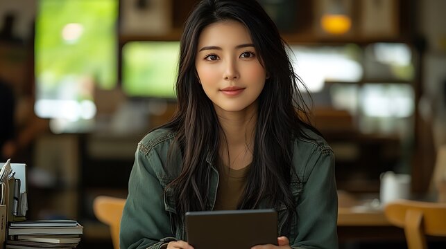 Attractive Asian woman smiles while using tablet in cafe with natural light. - Powered by Adobe