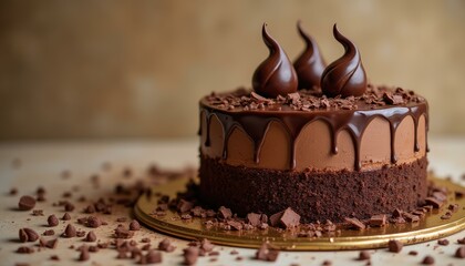 Decadent two-layered chocolate cake with ganache on tabletop