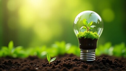 Eco friendly energy light bulb with plant growing green energy concept