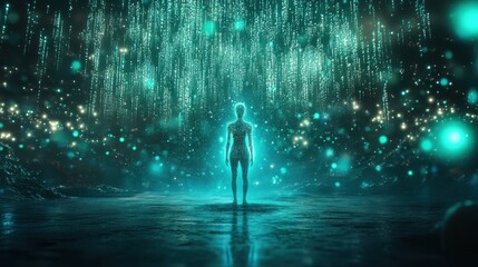 Mystical woman in digital rain at surreal night landscape