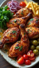 Roasted chicken pieces with French fries and vegetables on table