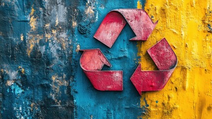 Red metal recycle symbol affixed to urban wall during daytime