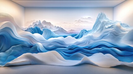 Abstract sculpture depicting serene landscape in gallery setting