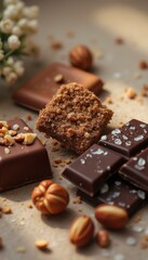 Assorted chocolates with nuts on table in natural light