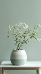 Flowering branch sitting in a vase on a minimalist table
