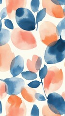 Abstract painting of serene shapes in peach, coral, and blue tones
