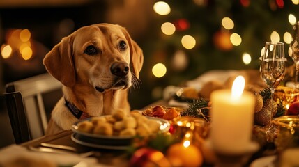 Labrador Retriever sitting by festive Christmas dinner table