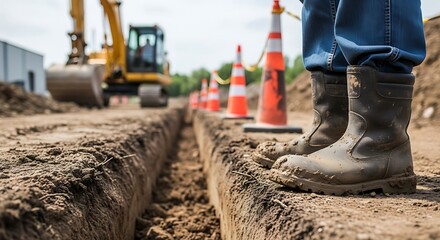 Construction Boots on Edge of Trench: Worker in Blue Jeans Supervising Excavator and Orange Traffic Cones at Construction Site, Ground Level View of Development Project