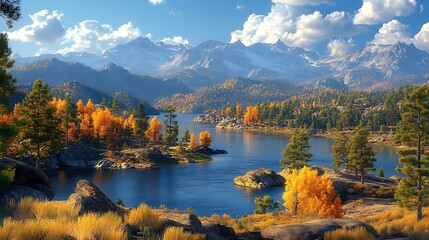 Autumn Lake  Mountain Landscape Vivid Foliage with Serene Waters Under a Blue Sky.
