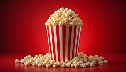 Vintage red-striped popcorn box with popcorn spilling out, bold red background,