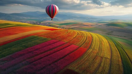 Hot air balloon flying over vibrant flower fields in mountains