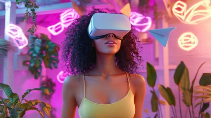 Young woman wearing virtual reality headset in neon-lit room
