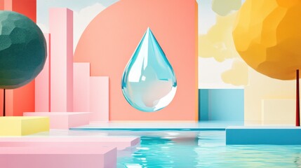 Translucent light-blue water drop among geometric shapes outdoors