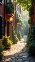 Sunlit cobblestone street in a serene alleyway