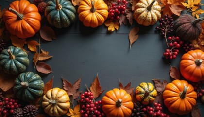 Autumn pumpkins and gourds on dark wooden surface indoors