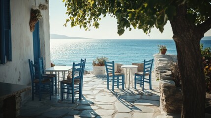 Outdoor patio with blue chairs and white tables by the seaside