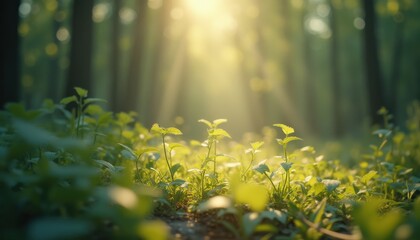Diverse plants growing in serene forest at sunrise