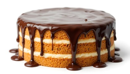 Rich chocolate ganache dripping from the top of a layered cake, isolated on clean white background, 