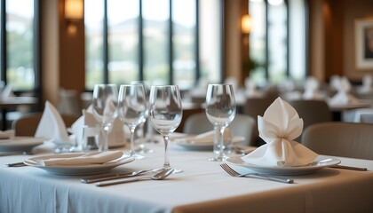 
Empty table in modern restaurant, clear water glasses, neatly arranged plates and folded tissue set on linen, blurred background with soft light