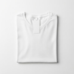 t shirt isolated on white background. Folded white crewneck T-Shirt mockup with tag on white background.