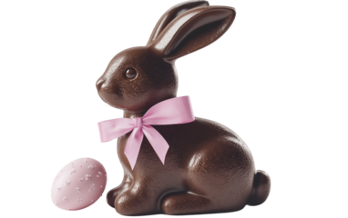 Realistic chocolate bunny with a pink ribbon representing sweet Easter traditions and seasonal charm isolated on transparent background PNG