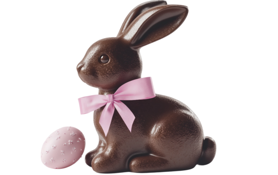 Realistic chocolate bunny with a pink ribbon representing sweet Easter traditions and seasonal charm isolated on transparent background PNG