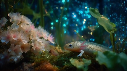 Obraz premium Axolotl in Enchanted Underwater World with Blooms Sparkles Natures Beauty.